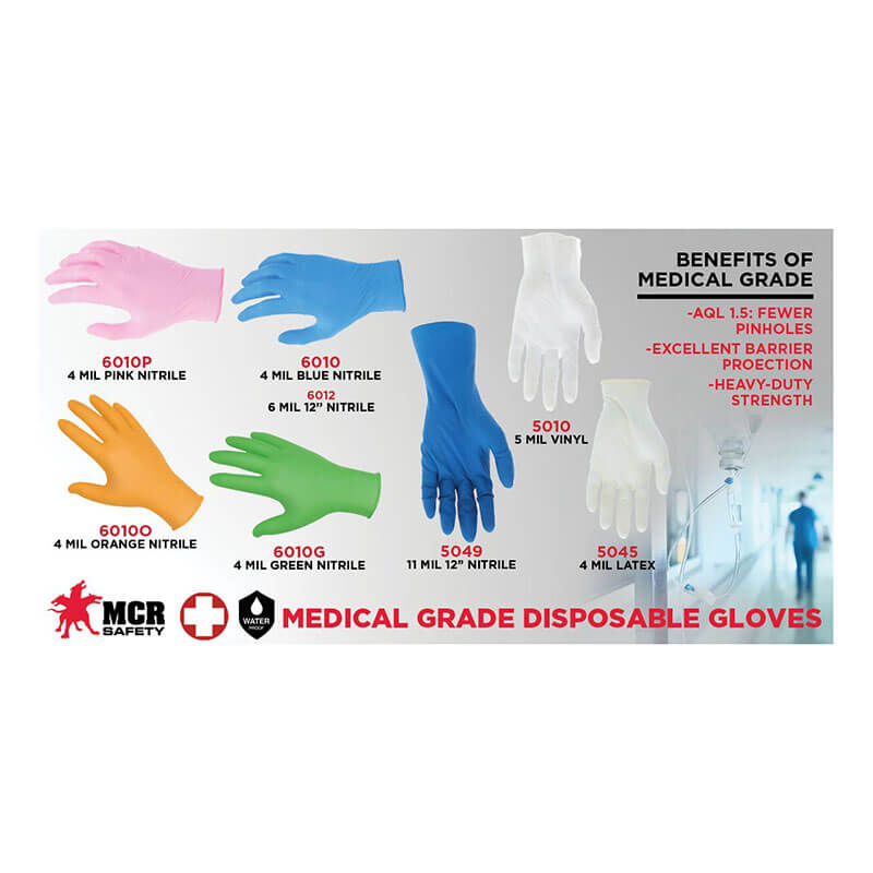 Image of six colored MCR Safety Powder Free Latex Gloves 5045 (pink, blue, white, orange, green, purple) with features, benefits, and MCR Safety logo. These disposable gloves are powder free for comfort. Pack of 10 boxes.