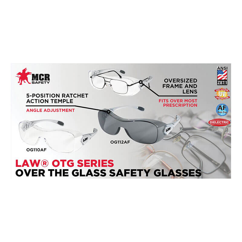 Introducing MCR Safety Law OTG UV-AF Anti-Fog OG1 safety glasses—featuring clear lenses, oversized frame, adjustable temples, and ideal for use as prescription safety glasses. Sold 12 per box.