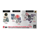 A comparison chart of heavy duty safety gloves features MCR Safety’s Memphis Big Jake Premium Leather Palm Work Glove 1700 (12 pairs), highlighting different grades and codes for optimal hand protection.