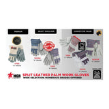 Comparison chart of MCR Safety Memphis 1400 Leather Palm Work Gloves (12 pairs): Premium (A grade), Select Shoulder cowhide leather (B grade), Competitive Value (C/E grades), includes images and product numbers for each style.