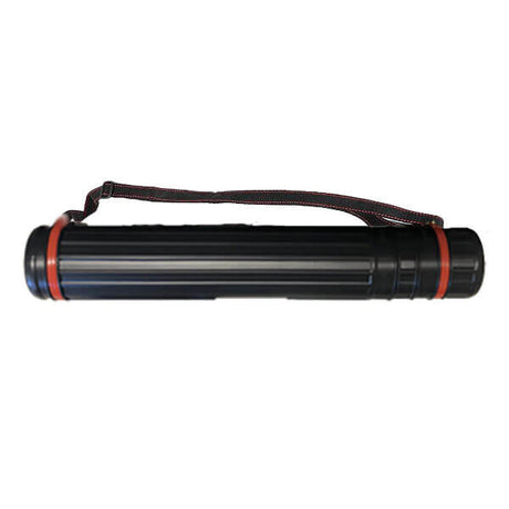 The mPower Electronics POLI MP400 Cylindrical Carry Case M701-0019-000 is a black poster tube with red bands, featuring a carrying strap and adjustable length for convenience—perfect for transporting artwork or blueprints.