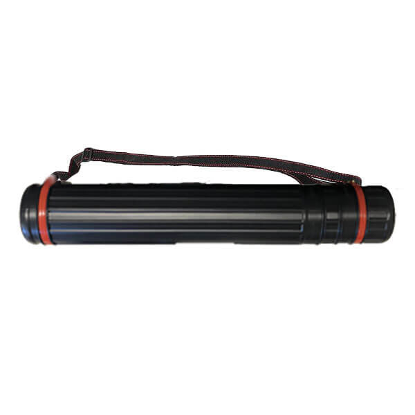 The mPower Electronics POLI MP400 Cylindrical Carry Case M701-0019-000 is a black poster tube with red bands, featuring a carrying strap and adjustable length for convenience—perfect for transporting artwork or blueprints.