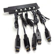 The RKI Instruments 5-Unit Charging Connector Bar w/Charging Cables (47-5102) features five charging connectors and cables, ideal for powering gas detection units like GX-3R monitors, shown arranged on a white background.