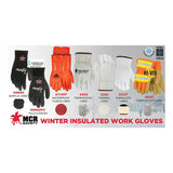 A display of MCR Safety Ninja Ice Glove N9690 (12 pairs), featuring winter-insulated work gloves with hydropellent technology, shown in various styles and colors, plus text and thermal ratings above each glove.
