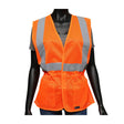 A black mannequin displays the PIP ANSI Type R Class 2 Woman's Contoured Mesh Vest, a vibrant orange vest from PIP - Protective Industrial Products. It features silver reflective tape on the front and back to enhance safety. This hi-visibility apparel is fashionably layered over a gray shirt and paired with blue jeans.