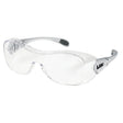 MCR Safety Law OTG Safety Glasses UV-AF Anti-Fog OG1 feature clear ANSI Z87.1 wraparound lenses, a light gray frame with black rubber arm grips, and "LAW" on the side for reliable protection and comfort in a sleek design.