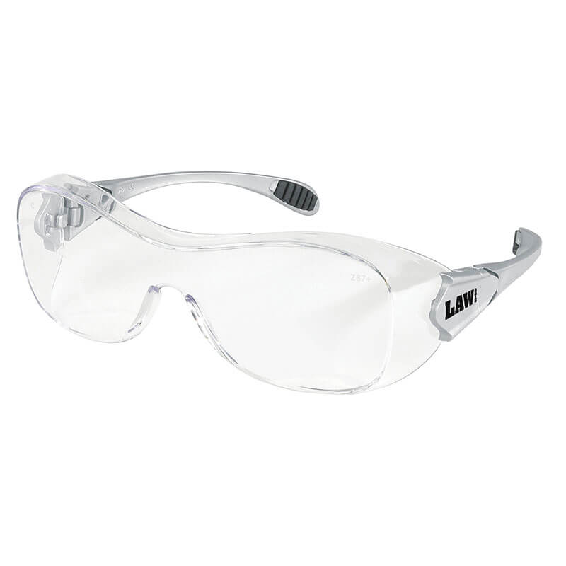 MCR Safety Law OTG Safety Glasses UV-AF Anti-Fog OG1 feature clear ANSI Z87.1 wraparound lenses, a light gray frame with black rubber arm grips, and "LAW" on the side for reliable protection and comfort in a sleek design.