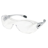 MCR Safety Law OTG Safety Glasses UV-AF Anti-Fog OG1 feature clear ANSI Z87.1 wraparound lenses, a light gray frame with black rubber arm grips, and "LAW" on the side for reliable protection and comfort in a sleek design.