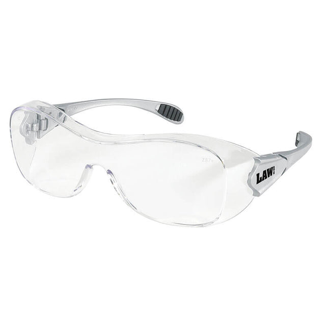 MCR Safety Law OTG Safety Glasses UV-AF Anti-Fog OG1 feature clear ANSI Z87.1 wraparound lenses, a light gray frame with black rubber arm grips, and "LAW" on the side for reliable protection and comfort in a sleek design.