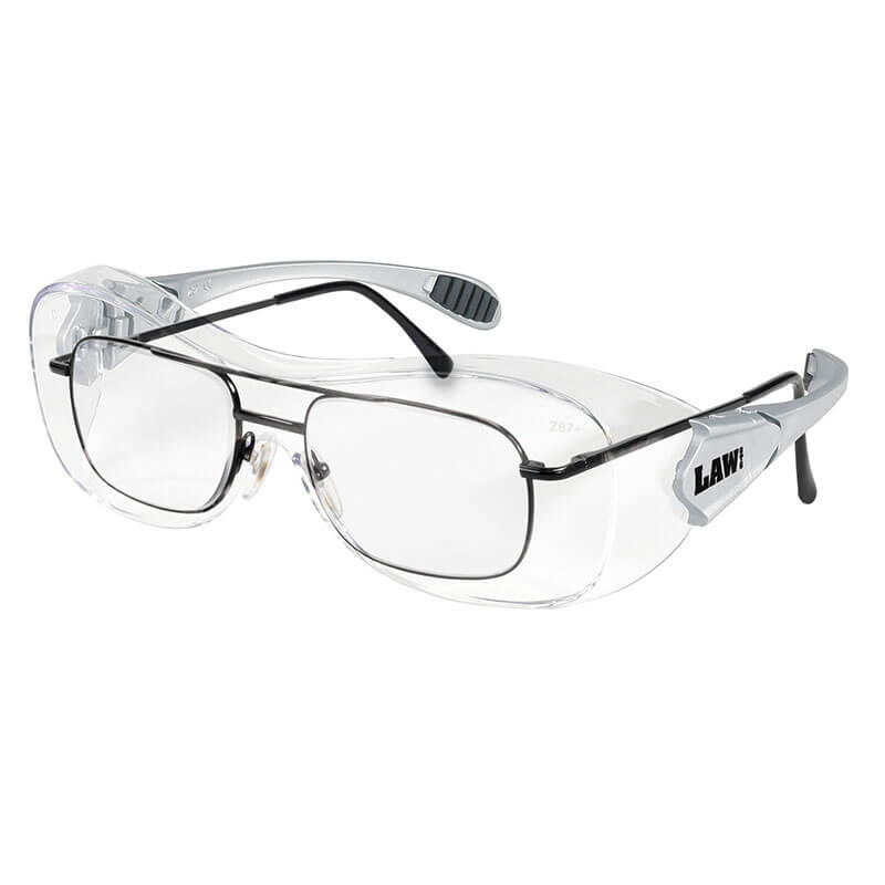 MCR Safety Law OTG Safety Glasses UV-AF Anti-Fog OG1 feature clear lenses, metal frames, transparent side shields, ANSI Z87.1 certification, prescription compatibility, and "LAW" printed on the side. Sold in boxes of 12.