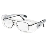 MCR Safety Law OTG Safety Glasses UV-AF Anti-Fog OG1 feature clear lenses, metal frames, transparent side shields, ANSI Z87.1 certification, prescription compatibility, and "LAW" printed on the side. Sold in boxes of 12.