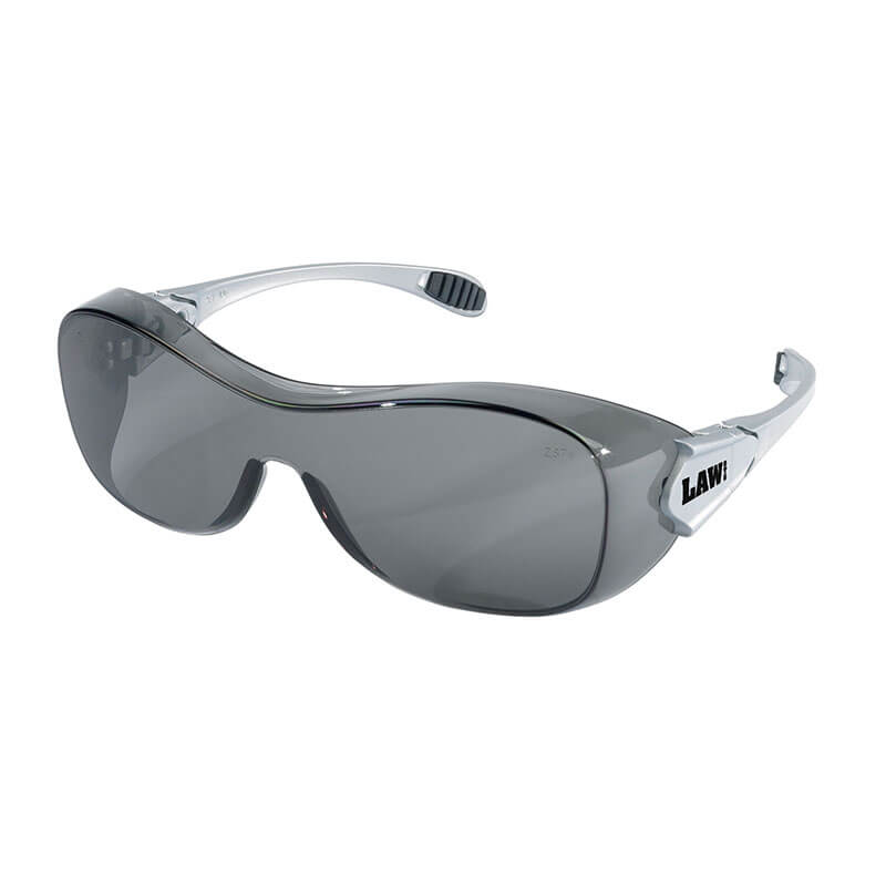 MCR Law OTG Safety Glasses UV-AF Anti-Fog OG1 by MCR Safety feature transparent gray wraparound lenses, curved arms with "LAW" printed in black on the right side, meet ANSI Z87.1 standards, and fit over prescription eyewear.