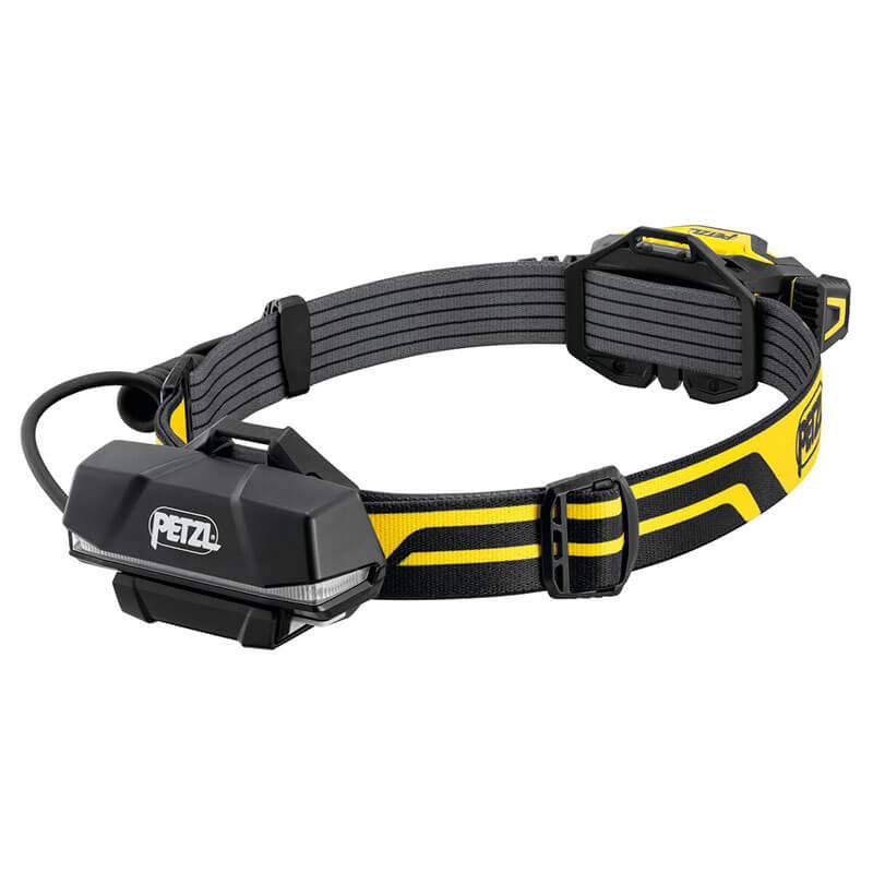 The Petzl XENA Rechargeable Headlamp E004BA00, in black and yellow, is perfect for industrial professionals with its adjustable strap. It includes a central light unit and rear power pack for hands-free illumination, while its rechargeable design provides reliability in demanding environments.