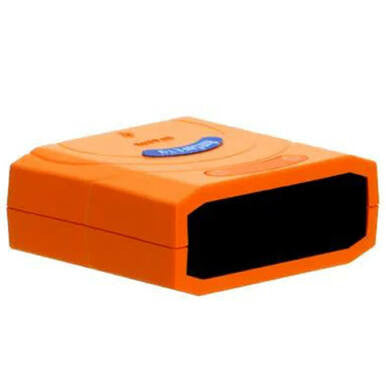 A rectangular device in orange with a black front face, similar to a compact electronic gadget. The AimSafety PM100/400 PC Communications Cable PM-LINK enables data logging and has a smooth surface with a blue label, making it an essential tool for precise monitoring within the AimSafety product line.