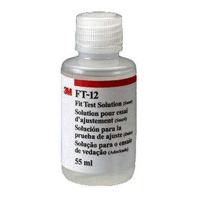 A compact 55 ml bottle labeled "3M FT-12 Sweet Fit Test Solution - Saccharin" displays text in multiple languages. It features a white cap and a clear body, containing a transparent liquid inside.