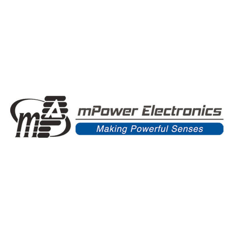 The logo of mPower Electronics features stylized text along with the slogan, "Making Powerful Senses," displayed on a blue banner, emphasizing their expertise in products like the mPower Carbon Filter for 4R LEL Pellistor Sensor M082-0903-010.