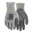 A pair of grey MCR Safety cut-resistant gloves with the model name "Memphis Diamond Tech PU Dyneema 9672," featuring protection level A3, is adorned with a textured surface and a wrist cuff displaying a blue logo. These gloves, enhanced for abrasion resistance, are displayed overlapping each other.