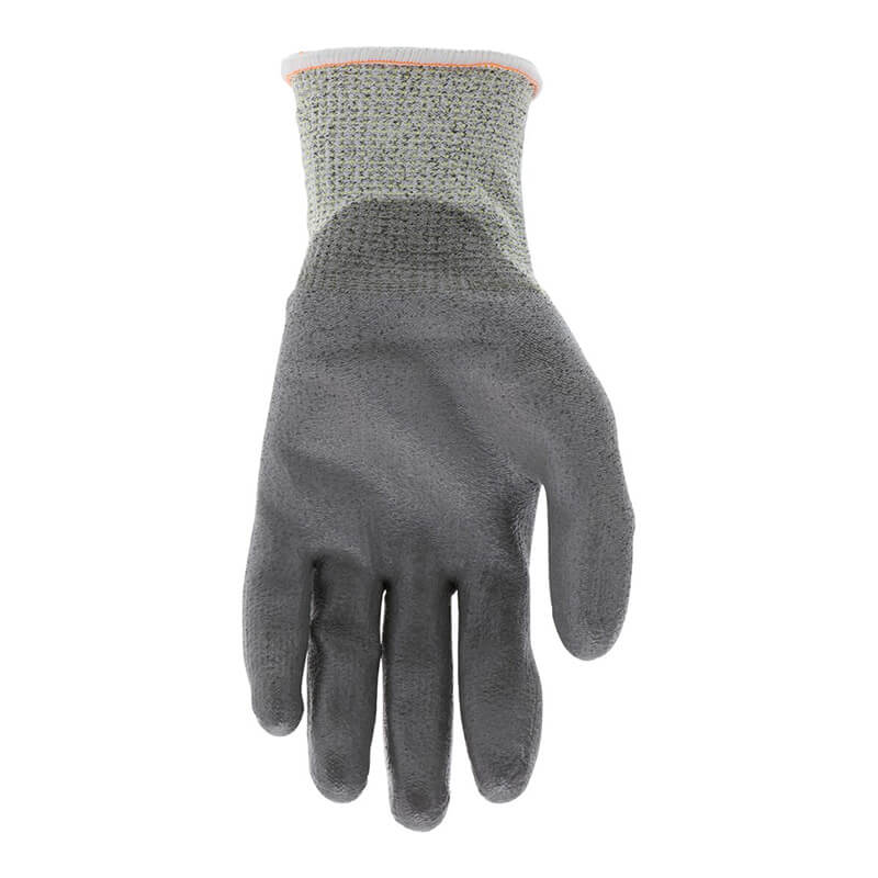 The MCR Safety Memphis Diamond Tech PU Dyneema Glove, 9672 (sold in packs of 12 pairs), is presented as a single gray work glove designed for protection and grip. It boasts a durable polyurethane coating, featuring a textured surface and a flexible cuff to enhance abrasion resistance.