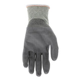 The MCR Safety Memphis Diamond Tech PU Dyneema Glove, 9672 (sold in packs of 12 pairs), is presented as a single gray work glove designed for protection and grip. It boasts a durable polyurethane coating, featuring a textured surface and a flexible cuff to enhance abrasion resistance.
