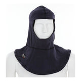 A headless mannequin displays the MCR Safety FR Westex True Comfort Balaclava Navy BLCVTCN, featuring visible stitching, an open face, and full neck and shoulder coverage. Made from flame-resistant Westex TrueComfort material with a small label on the left side.