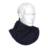 he MCR Safety FR Westex True Comfort Balaclava Navy BLCVTCN is displayed on a white mannequin head, showcasing its protective design that covers the neck and extends partially over the shoulders. A small logo adorns the garment, and the mannequin’s face is expressionless with slicked-back hair.