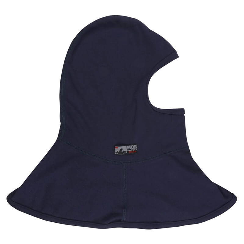 The MCR Safety FR Westex True Comfort Balaclava Navy BLCVTCN is a dark blue balaclava with a flared bottom and side label, designed for comprehensive neck and head protection. It offers a face opening and adheres to essential safety standards while ensuring comfort.