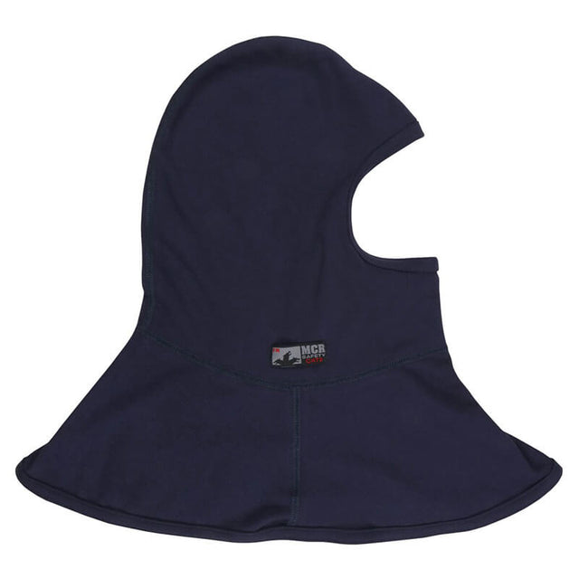 The MCR Safety FR Westex True Comfort Balaclava Navy BLCVTCN is a dark blue balaclava with a flared bottom and side label, designed for comprehensive neck and head protection. It offers a face opening and adheres to essential safety standards while ensuring comfort.
