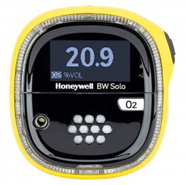 The BW Honeywell Solo Wireless Gas Detector O2 BWS1-XL-Y, an advanced gas monitoring device, includes a digital display showing "20.9" for O2 concentration. With its sleek design featuring a black front and robust yellow casing, it guarantees reliability and precision in hazardous environments.