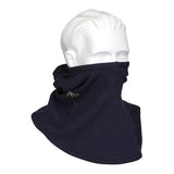 A white mannequin head displays the MCR Safety FR Westex True Comfort Balaclava Navy, flame-resistant clothing covering the neck and lower face.