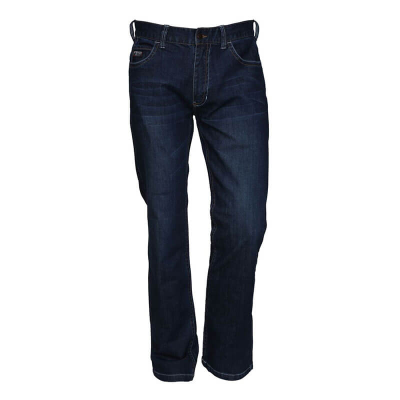 The MCR Safety FR Gear 10.5 oz Vintage Denim Jeans P2D are dark blue straight-leg jeans with visible stitching, front pockets, belt loops, and a button closure. Flame resistant, they provide practical style and CAT2 protection.