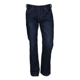 The MCR Safety FR Gear 10.5 oz Vintage Denim Jeans P2D are dark blue straight-leg jeans with visible stitching, front pockets, belt loops, and a button closure. Flame resistant, they provide practical style and CAT2 protection.