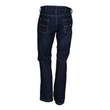 Back view of MCR Safety FR Gear 10.5 oz Vintage Denim Jeans P2D in dark blue, showing visible stitching and two back pockets on a white background. These flame-resistant jeans by MCR Safety combine style with safety.