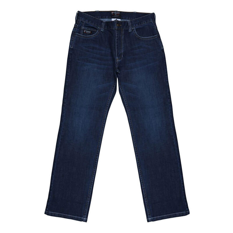 The MCR Safety FR Gear 10.5 oz Vintage Denim Jeans P2D, in dark blue, feature a classic five-pocket style, straight legs, and CAT2 protection for enhanced safety.