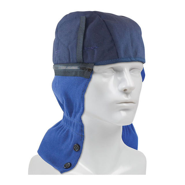 Displayed on a mannequin head is a blue PIP Zip On/Off Liner with FR Outer Shell 365-1620 helmet by Protective Industrial Products, featuring a detachable neck cover and side zipper detail. Designed for maximum safety and comfort, this helmet integrates effortlessly with FR liners to provide enhanced flame-resistant clothing protection.