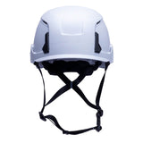 The Pyramex Safety SL T2 Vented Safety Helmet HPT26111_V, featuring a lightweight ABS shell in white with black adjustable straps and both front and side vents, is designed to provide head protection in construction or industrial environments. The helmet is displayed from the front angle.