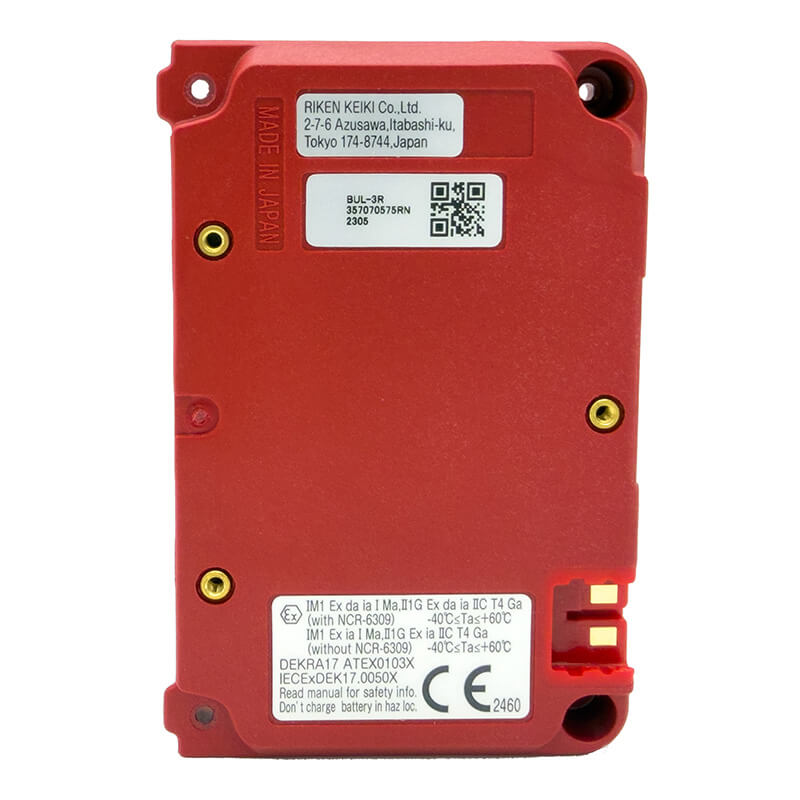 A red industrial device features labels and QR codes on the back, including a silver label with “RIKEN KEIKI Co., Ltd.” and technical specifications. This unit is equipped with the RKI Li-Ion Battery Pack for GX-3R Pro (49-1625) from RKI Instruments, making it compatible as a gas detector battery for models like the GX-3R Pro. Several screws and ports are also visible.