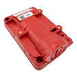 A red rectangular electronic device with a cylindrical component, four gold screws, and QR/barcode labels on top, the RKI Instruments Alkaline Battery Pack for GX-3R Pro (49-1626) is compatible with portable gas monitors such as the RKI GX-3R Pro and delivers reliable performance.