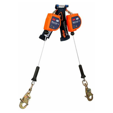 The 3M DBI-SALA Nano-Lok Edge Twin-Leg SRL, Steel Swivel Snap 3500282 features two connected safety harness recoil blocks with orange housings and metal hooks at the ends of retractable cables, designed for fall protection. This self-retracting lifeline from 3M DBI-SALA Fall Protection meets ANSI Class 2 standards.