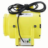 The Euramco RamFan UB20 8 in. 115V Blower and Exhauster is a yellow industrial ventilation fan equipped with a power cord wrapped around its top. Its control panel features a switch and indicator lights, making it expertly designed as a portable blower for professional or construction environments.