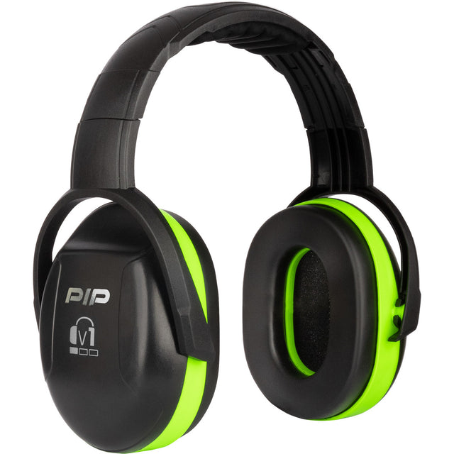 The PIP V1 Ear Muff with Adjustable Headband 263-V1HB, in a black and neon green design, offers a customized fit. Featuring an NRR 23 rating, these passive noise-canceling earmuffs prominently showcase the "PIP" logo on the side.