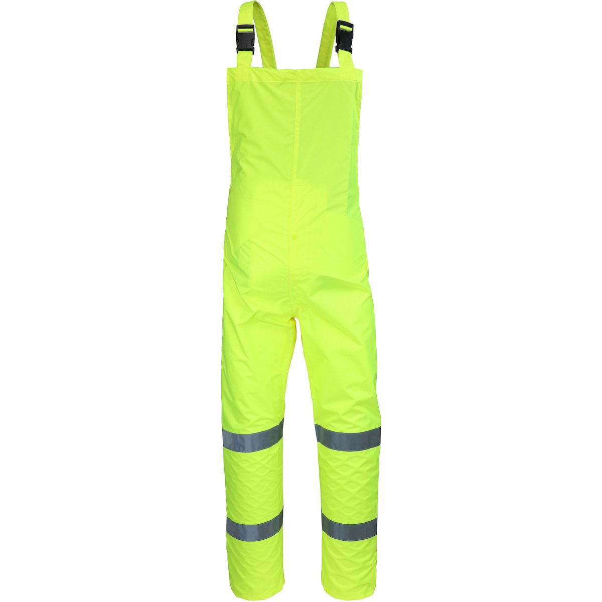 A pair of PIP Viz ANSI Class E Waterproof Bib WW4033P in bright yellow featuring reflective strips on the legs. These overalls, made by PIP - Protective Industrial Products, come with adjustable shoulder straps and are specifically designed for safety in low-light conditions, making them perfect high visibility rainwear.