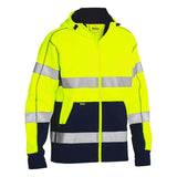 The PIP Bisley Full Zip Hooded Sweatshirt with Sherpa Lining 323M6988T, from Protective Industrial Products, is a high-visibility yellow and navy work jacket that meets ANSI Type R Class 3 standards. It features reflective silver stripes on the sleeves and torso, a full zipper, Sherpa lining for added warmth, and a protective hood.