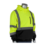 A mannequin displays the PIP - Protective Industrial Products Hooded Pullover Sweatshirt w/Black Bottom 323-1350B, a high-visibility neon yellow and black hoodie with reflective gray stripes designed for safety. This ANSI Class 3 garment combines functionality with style, featuring a hood and a front zipper pocket.