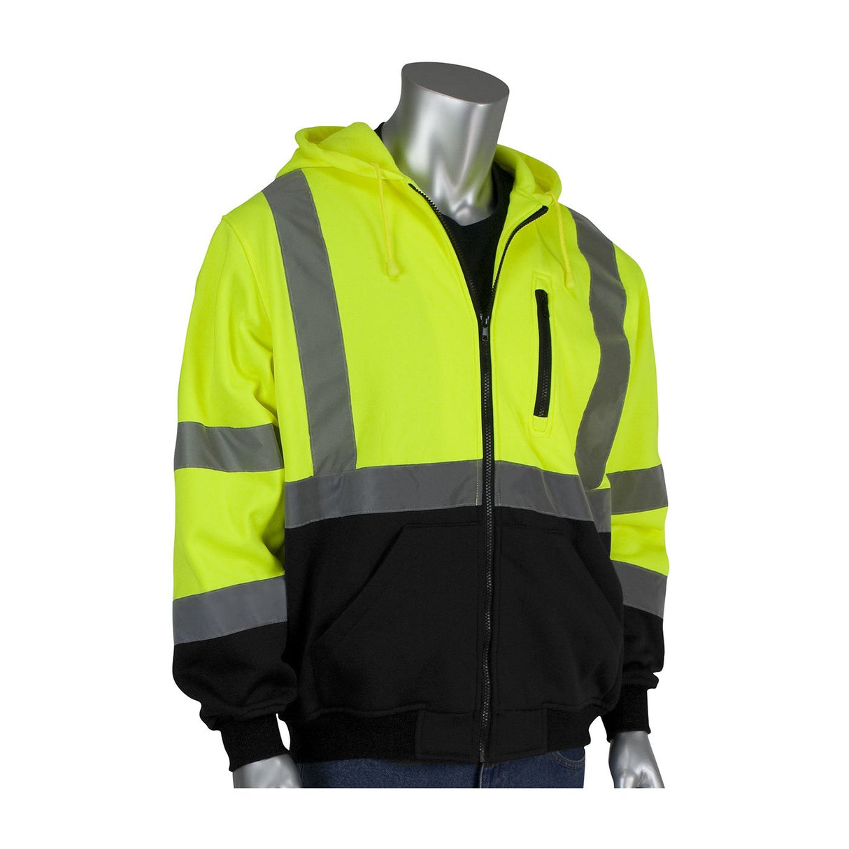 A mannequin displays a PIP Full Zip Hooded Sweatshirt w/Black Bottom 323-1370B by PIP - Protective Industrial Products, in Hi-Vis Yellow. This jacket boasts an ANSI Type R Class 3 certification, complete with reflective gray stripes on the chest, arms, and waist. It is equipped with a hood and front zipper for enhanced functionality and safety.