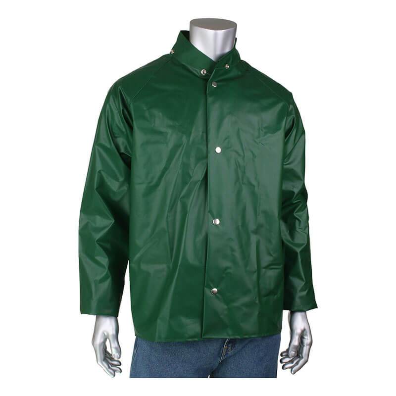 The PIP Boss TPU/Nylon Rain Jacket 201-500 from Protective Industrial Products is showcased on a mannequin with silver hands, complemented by blue jeans. This green rain jacket boasts a high collar and long sleeves, and is securely fastened with silver snap buttons, offering both style and practicality for any weather adventure.