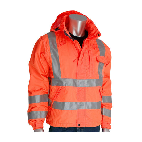 The PIP VizPLUS Waterproof Breathable Jacket 353-2000, designed by PIP - Protective Industrial Products, is on display on a mannequin. This high-visibility jacket stands out with its vibrant orange color and is expertly made from reflective and waterproof material. It features silver stripes along the sleeves, chest, and waist, enhanced by a hood and multiple pockets, all set against a pristine white background.