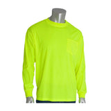 Dressed in the PIP Non-ANSI Long Sleeve T-Shirt 310-1100 by Protective Industrial Products, the mannequin sports a bright yellow-green shirt featuring a small left-side pocket. This relaxed-fit hi-vis apparel stands out vibrantly against the plain white background.