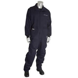 Displayed on the mannequin is a PIP Navy 8.5 Cal Dual Certified ARC/FR Coverall 9100-2160D from Protective Industrial Products. The coverall features a dark blue color with a collar and long sleeves, meeting NFPA 2112 compliance standards. It includes a front zipper, multiple pockets, and branding on the upper chest area. Positioned with legs apart, the mannequin effectively highlights this complete HRC 2 outfit.