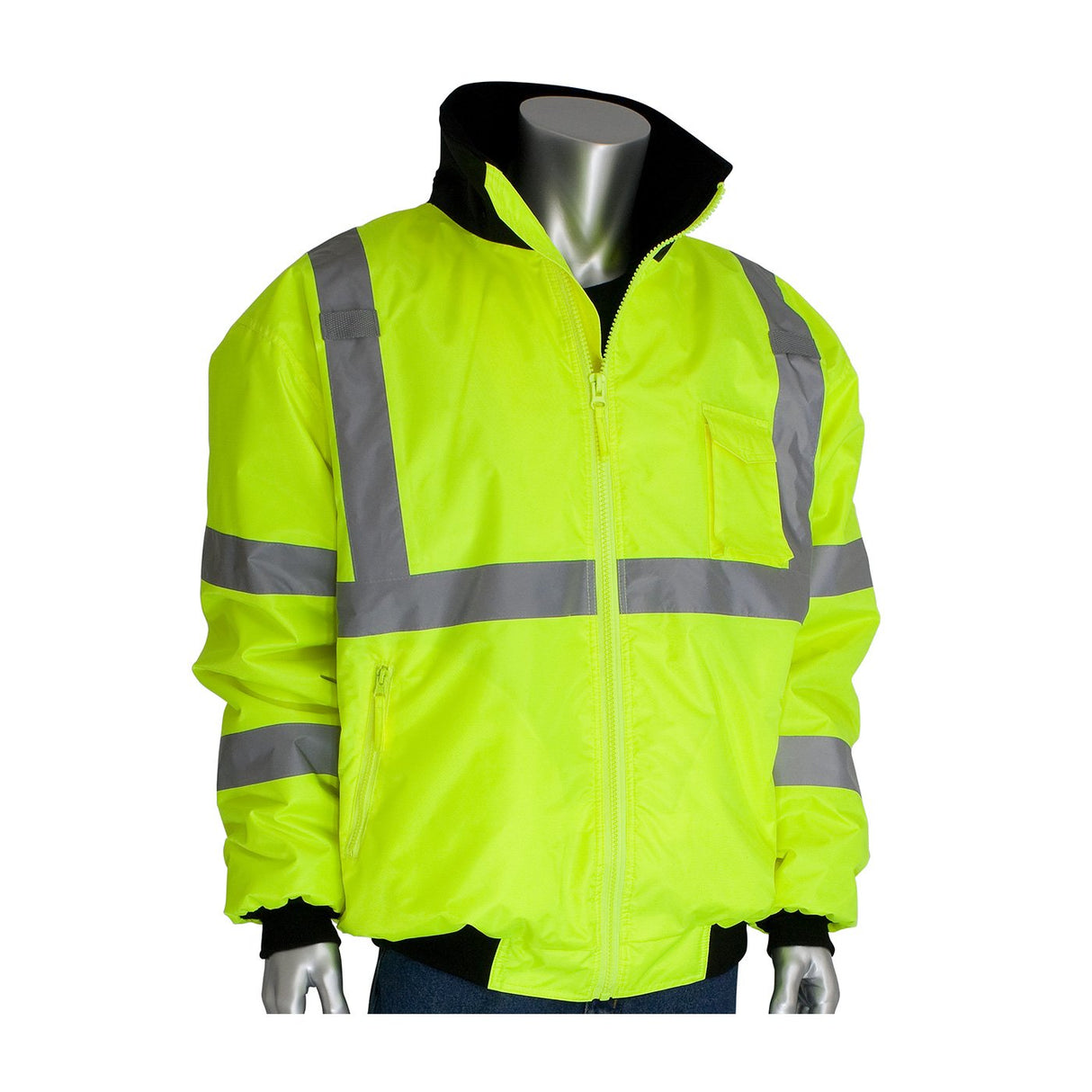 The PIP - Protective Industrial Products Bomber Jacket with Zip-Out Fleece Liner 333-1762 is a durable, bright yellow high-visibility safety jacket featuring silver reflective stripes. It is equipped with a front zipper, high collar, and left chest pocket. Waterproof and reliable, the jacket is showcased on a silver mannequin torso.