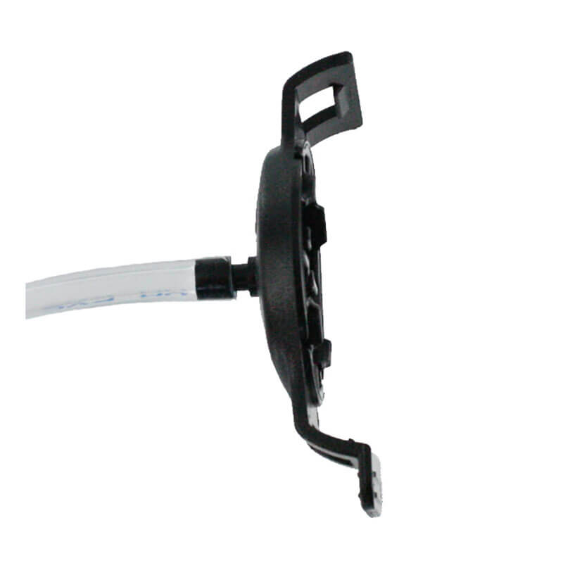 Side view of a black plastic drip emitter with a clear tube, resembling the BW Technologies by Honeywell Manual Aspirator Pump for GasAlertMicroClip MC-AS01, used for controlled distribution in gardening or agriculture.
